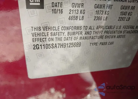 2017 Chevrolet Impala 1Lt from USA, damaged, VIN 2G1105SA7H9125689